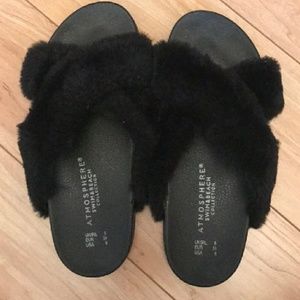 Black fuzzy slides